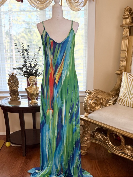 Dresses & Skirts - Colorful Abstract Print Maxi Slip Dress - Blue, Green & Red